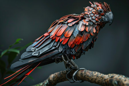 A bird with red feathers and black wings is perched on a branch. The bird has a metallic appearance, giving it a futuristic or robotic look. Concept of wonder and curiosity about the bird's originsの素材