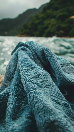 A blue towel is laying on the water. The towel is blue and has a lot of textureの素材