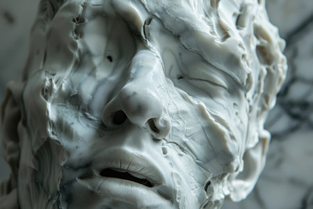 A man's face is covered in white paint, giving it a creepy and unsettling appearance. The use of white paint on the face creates a stark contrast against the dark backgroundの素材