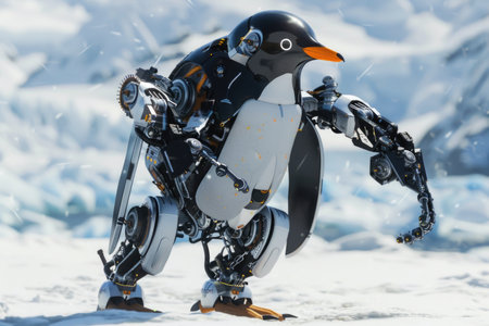 A robot penguin is standing on a snowy surface. The robot is black and white and has a robotic arm. The robot is designed to look like a penguin, but it is not a real penguinの素材