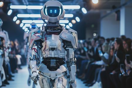 A robot is walking down a runway in front of a crowd of people. The robot is wearing a white outfit and has a robotic faceの素材