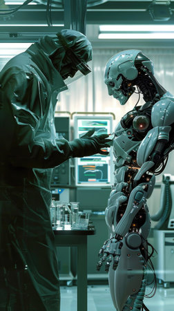 A robot is standing next to a man in a lab coat. The robot is wearing a white suit and has a pair of handsの素材