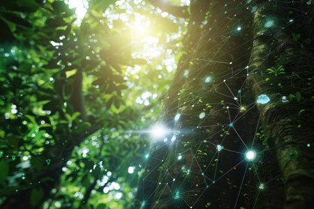 A tree with a network of lights on it. The image has a futuristic and technological vibe to itの素材