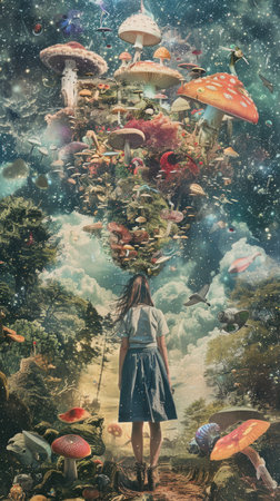 A girl is standing in front of a mushroom cloud. The image is a surreal and whimsical representation of a forest with various mushrooms and other fantastical elementsの素材