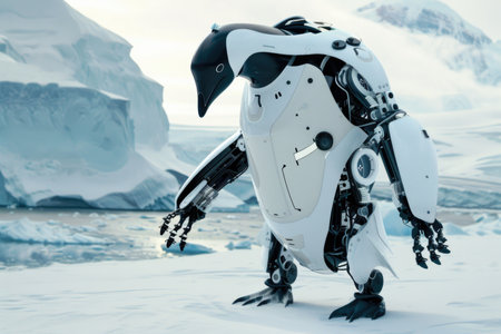 A robot penguin stands on a snowy landscape. The robot is white and black, and it looks like it's made of metal. The robot is standing on a frozen lake, and it seems to be looking out over the waterの素材