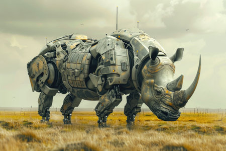 A robot rhino is walking in a field. The robot is made of metal and has a large horn on its head. The field is dry and barren, with no vegetation in sight. The robot rhino appears to be a work of artの素材