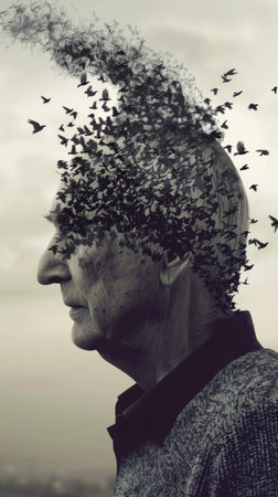 A man's face is covered in birds, giving the impression of a bird's head. Concept of chaos and disarray, as the birds are scattered all over the man's faceの素材