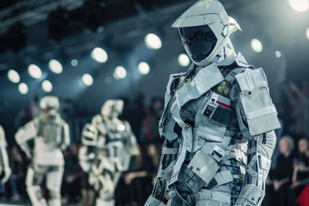 A man in a white suit with a helmet on stands on a runway in front of a crowdの素材