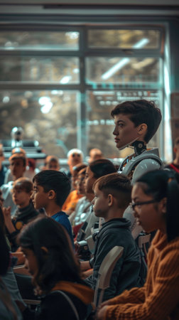 A group of people are sitting in a room, with a woman in a robot costume standing in front of them. Scene is one of curiosity and wonder, as the audience looks on at the robotの素材