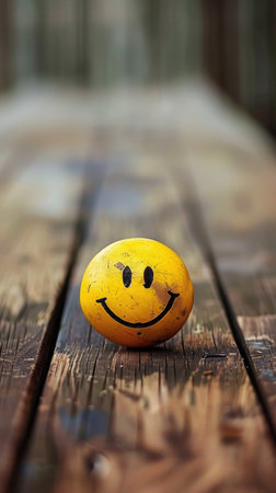 A yellow smiley face is sitting on a wooden table. The table is made of wood and has a rustic appearance. The smiley face is placed in the center of the table, drawing attention to itの素材
