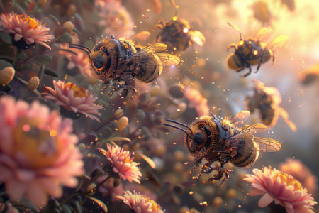 A painting of three bees flying over a field of flowers. The bees are depicted as mechanical, with their wings and bodies made of metal. The painting conveys a sense of wonder and curiosityの素材