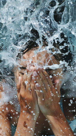 A woman is splashing water on her face. The water is coming from a hoseの素材
