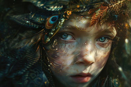 A young girl with a peacock headdress and gold jewelry. She has blue eyes and a red noseの素材
