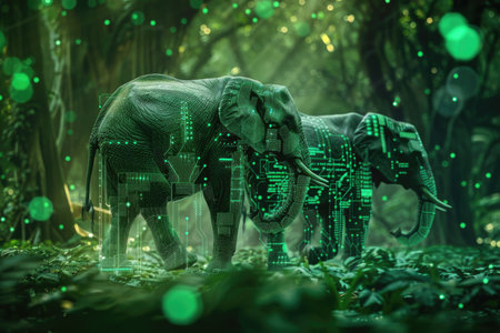 Two elephants are walking through a forest with a green and blue background. The elephants are surrounded by a glowing, digital effect that gives the image a futuristic, otherworldly feelの素材