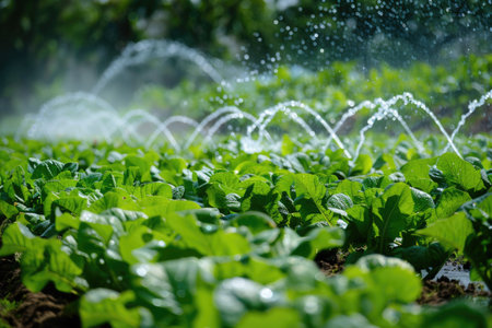A field of green plants with water sprinklers spraying water over them. Concept of growth and nurturing, as the plants are being watered to help them thriveの素材