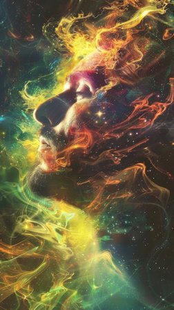 A man's face is shown with smoke and fire surrounding him. The colors are bright and vibrant, giving the impression of a surreal and dreamlike atmosphereの素材