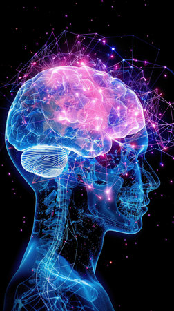 A brain with a blue and pink color scheme. The brain is surrounded by a galaxy of starsの素材