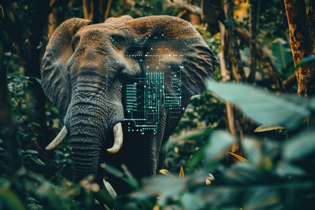A computer generated image of an elephant with a digital face. The elephant is surrounded by green foliage and he is in a jungle settingの素材