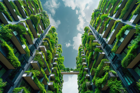 Two tall buildings with green plants growing on them. The buildings are covered in plants and the sky is blueの素材