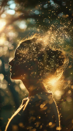 A woman is standing in a forest with a lot of light shining on her. The light is creating a beautiful and ethereal effect around herの素材