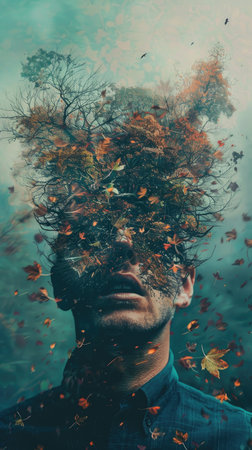 A man's face is covered in leaves and branches, giving the impression of a forest fire. Concept of destruction and chaos, as the man's face is engulfed by the falling leaves and branchesの素材