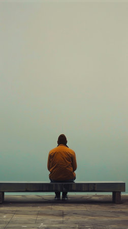 A man is sitting on a bench by the water. He is wearing a yellow jacket and a hat. The sky is cloudy and the water is calm. The man is lost in thoughtの素材
