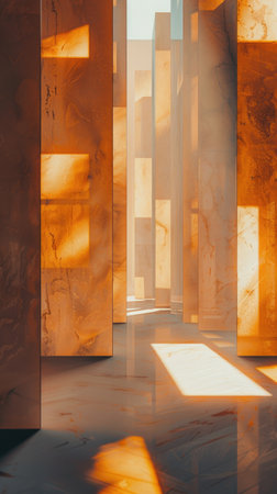 A long hallway with a lot of light shining through the windows. The light is creating shadows on the walls and floorの素材