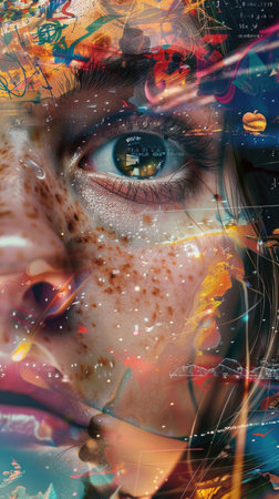 A woman's face with a blue eye and a red spot on her nose. The image is a collage of different colors and textures, giving it a dreamy and surreal feelの素材