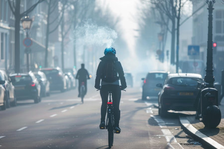 A person on a bicycle is riding down a street with cars and other vehicles. The scene is foggy and the person is wearing a helmetの素材