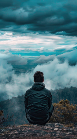 A man is sitting on a rock overlooking a beautiful mountain range. The sky is cloudy, and the clouds are low, creating a moody atmosphere. The man is lost in thought, taking in the breathtaking viewの素材