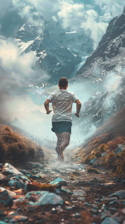 A man is running through a rocky, mountainous area. The scene is filled with water and snow, creating a sense of adventure and challengeの素材