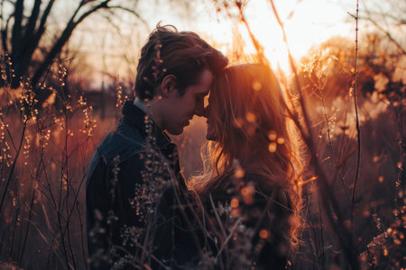 A couple is embracing in a field of tall grass. The sun is setting in the background, casting a warm glow over the scene. Scene is romantic and peacefulの素材
