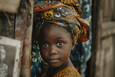 A young girl wearing a colorful scarf and a head wrap stands in front of a blue curtain. Concept of cultural pride and individuality, as the girl embraces her unique style and heritageの素材