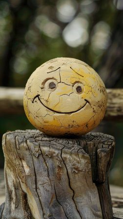 A smiling face made out of a rock is sitting on a log. The rock is yellow and has a smile on it. The log is brown and has a rough texture. The scene gives off a lighthearted and playful vibeの素材