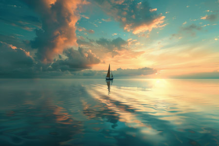 A sailboat is floating on a calm body of water with a beautiful sunset in the background. Concept of tranquility and serenity, as the boat glides peacefully across the waterの素材