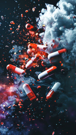 A close up of pills in the air with smoke and a dark background. The pills are red and whiteの素材