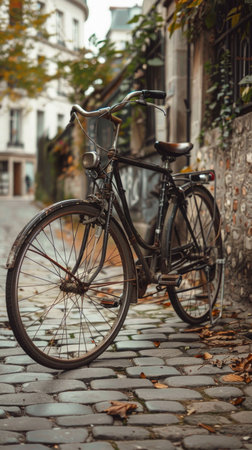 A black bicycle is parked on a cobblestone street. The bike is old and rusty, and it is leaning against a wall. The scene has a nostalgic and somewhat melancholic mood, as the bike's ageの素材