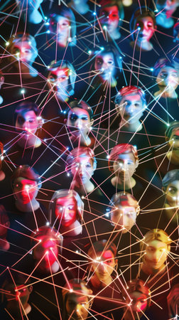 A group of people are represented as faces in a web of lines. The faces are all different colors and sizes, and they are all connected to each other in a complex webの素材