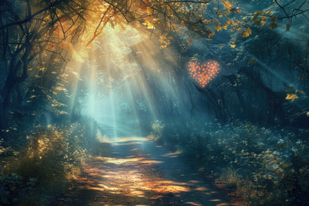 A forest path with a heart drawn on it. The heart is surrounded by a blue and green backgroundの素材