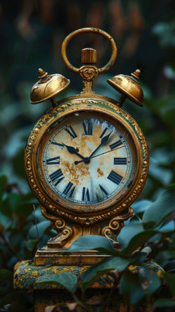 A clock with roman numerals on it is sitting on a green bush. The clock is old and rusted, and it is surrounded by leaves. The scene has a nostalgic and somewhat melancholic moodの素材