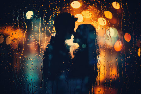 A couple kissing in the rain with a blurry background. Scene is romantic and intimateの素材