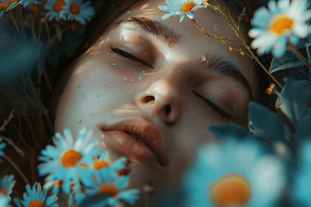 A woman is laying in a field of flowers with her face resting on her hand. The flowers are blue and yellow, and the woman's face is glowing in the sunlight. The scene is peaceful and sereneの素材