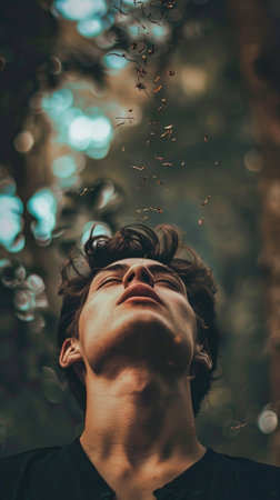 A man is standing in a forest with his head tilted back, looking up at the sky. The image has a dreamy, ethereal quality to it, as if the man is floating in the airの素材
