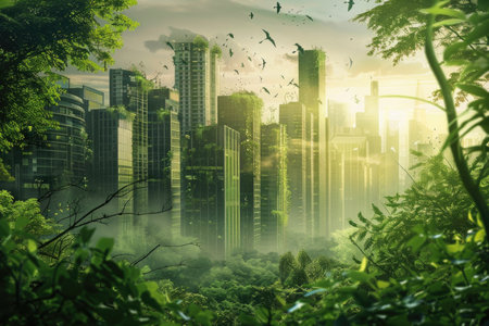 A city is shown in a lush green forest with a foggy atmosphere. The buildings are covered in vegetation, giving the impression of a post-apocalyptic world. The sky is cloudyの素材