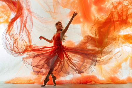 A woman in a red dress is dancing in the air. The image has a warm and energetic mood, with the orange and white colors creating a sense of movement and excitementの素材