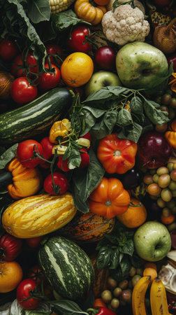 A close up of a variety of fruits and vegetables, including apples, oranges, and bananas. Concept of abundance and freshness, showing the vibrant colors and textures of the produceの素材