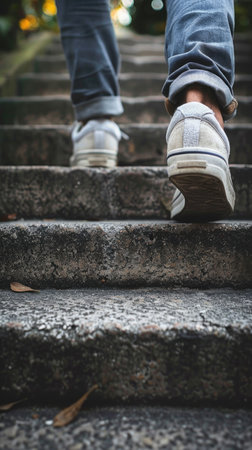 A person is walking up a set of stairs in their white shoes. Concept of determination and focus as the person climbs the stepsの素材