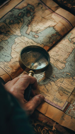 A hand holding a magnifying glass over a map. The map is old and has a vintage feel to it. The hand is focused on a specific area of the map, possibly trying to find a particular location or detailの素材