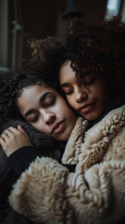 Two women are hugging each other while wearing a fuzzy jacket. Scene is warm and affectionateの素材