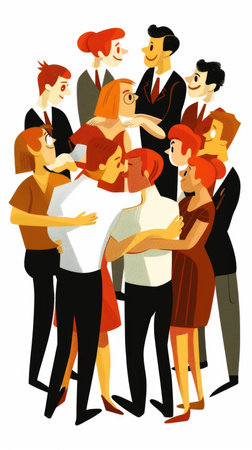 A group of people are hugging each other in a cartoonish style. Scene is warm and friendlyの素材